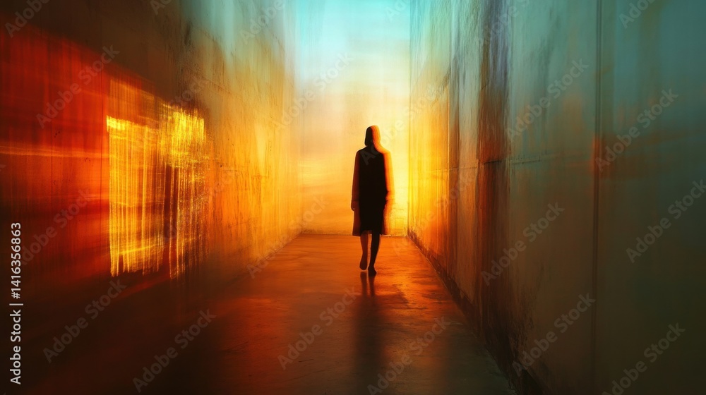 Mysterious Figure Walking Through Glowing Corridor Mysterious Figure Walking Through Glowing Corridor