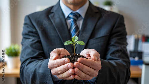 Businessman Holding Sprout in Hands New Growth, Investment, Sustainability, and Corporate Social Responsibility for a Greener Future