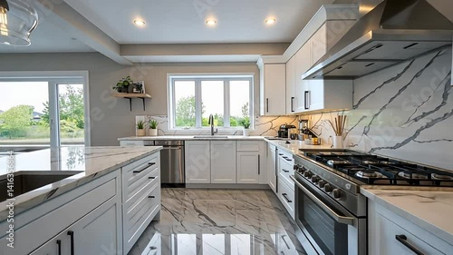 Modern white kitchen with island, marble countertops, and stainless steel appliances