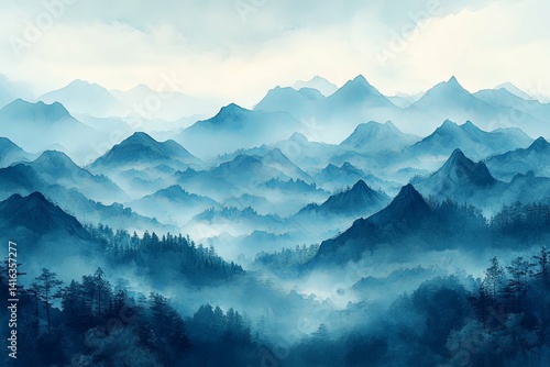 Wallpaper Mural A blue watercolor painting of layered mountain ridges in mist Torontodigital.ca
