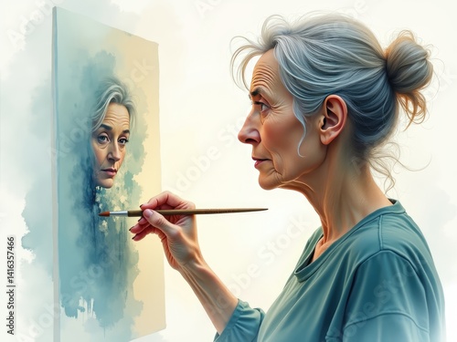 Elderly artist painting a self-portrait in a serene studio, with soft colors and artistic ambiance