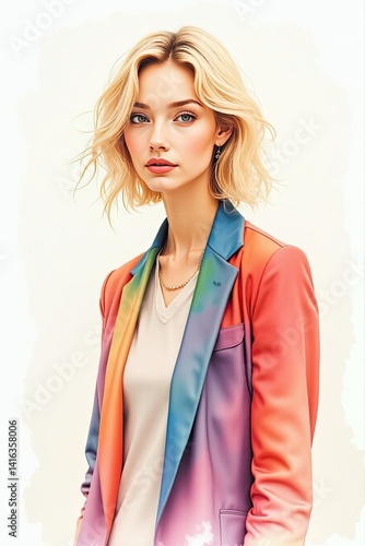 Stylish woman in a colorful blazer posing against a soft, neutral background, exuding confidence
