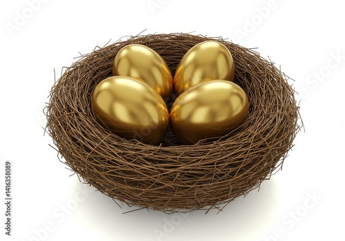Wallpaper Mural Four golden eggs nestled inside a bird's nest sitting on a plain white surface background image view Torontodigital.ca