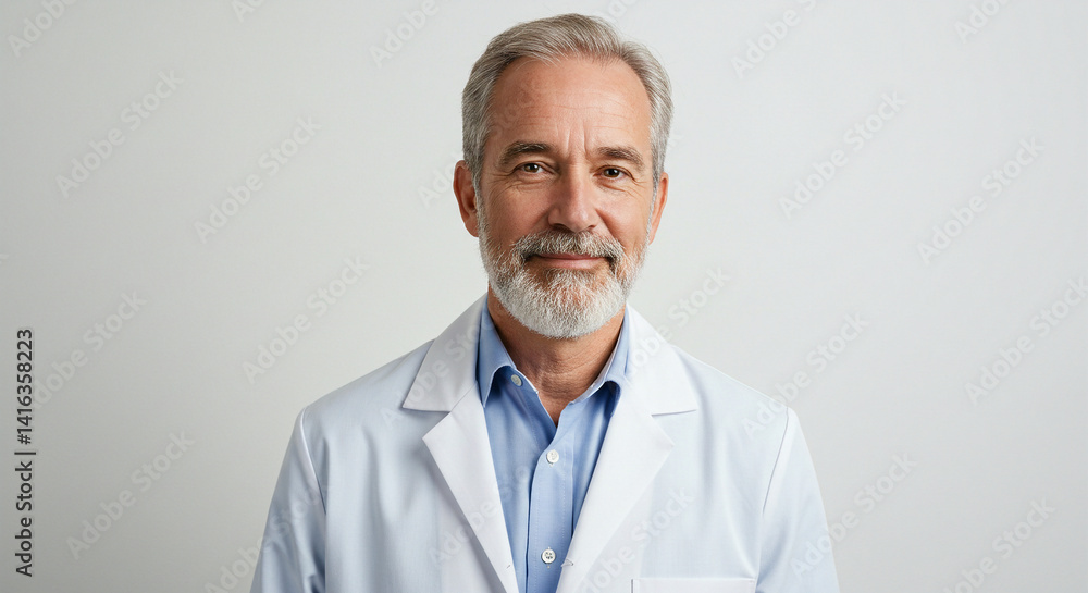 A portrait of a mature man with gray hair and a beard, wearing a white lab coat over a blue button-down shirt, looking directly at the camera. A portrait of a mature man with gray hair and a beard, wearing a white lab coat over a blue button-down shirt, looking directly at the camera.