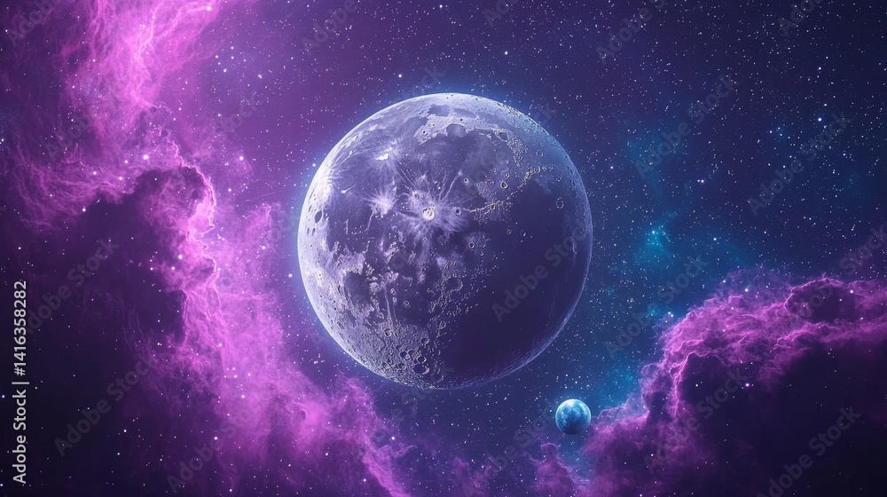 Stunning cosmic landscape featuring a large moon surrounded by vibrant nebula and distant planets in outer space Stunning cosmic landscape featuring a large moon surrounded by vibrant nebula and distant planets in outer space