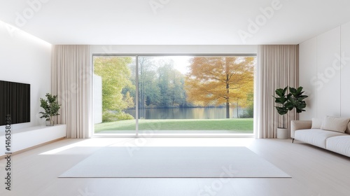 Modern living room with a tranquil view.  Large windows showcase a serene lake and colorful fall foliage, creating a peaceful and bright atmosphere.  