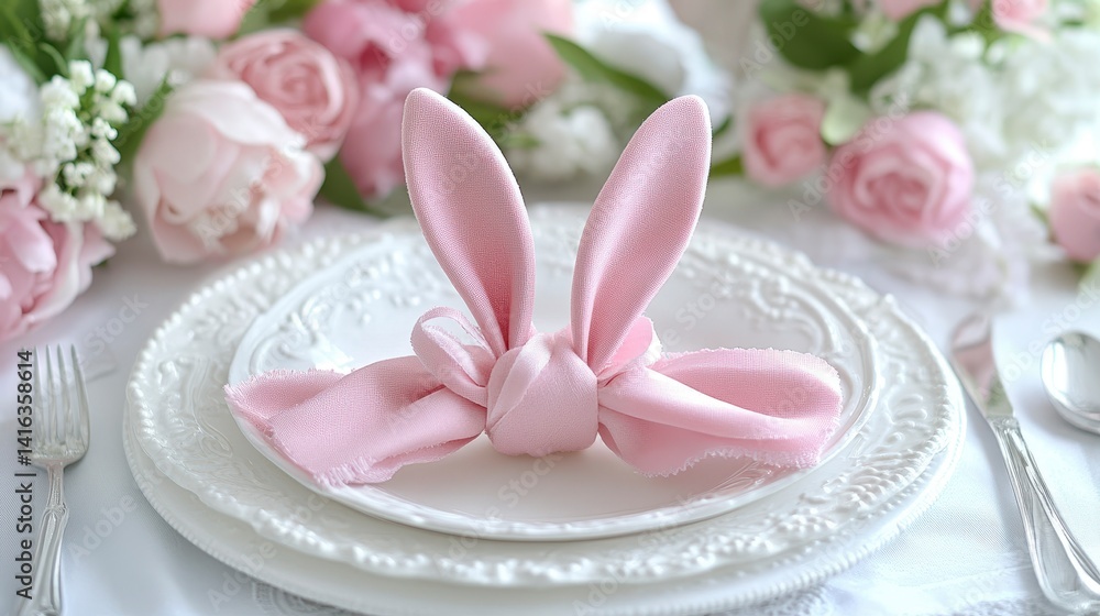 Elegant Table Setting with Pink Napkin Bunny for Spring Celebration Elegant Table Setting with Pink Napkin Bunny for Spring Celebration