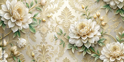 Elegant Cream and Gold Floral Damask Design Featuring Large Blooms and Intricate Scrollwork