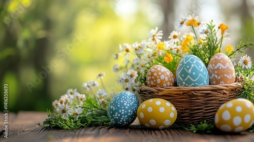 Colorful Easter Eggs in Basket Surrounded by Wildflowers and Grass