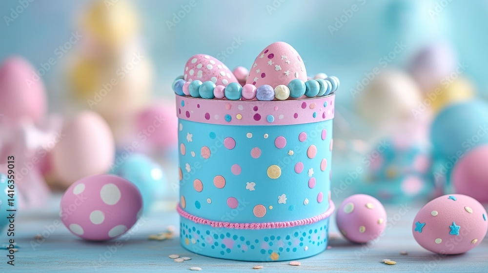 Fototapeta premium Colorful Decorated Easter Eggs in a Blue Container with Pastel Theme