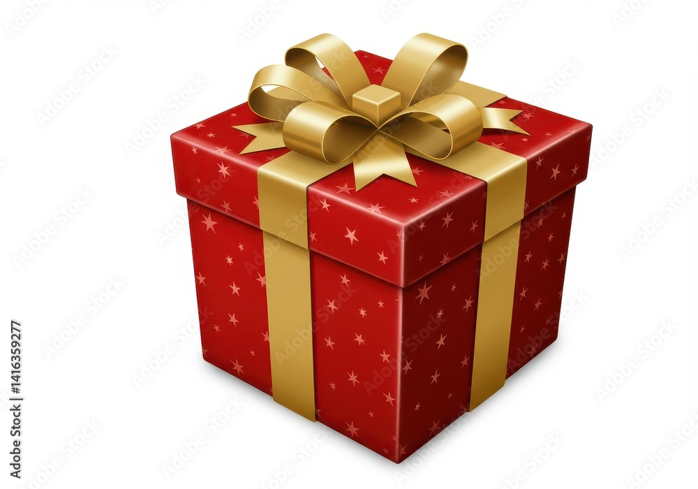 Obraz premium A red gift box with gold ribbon and bow and star pattern sitting on a white surface in a studio shot