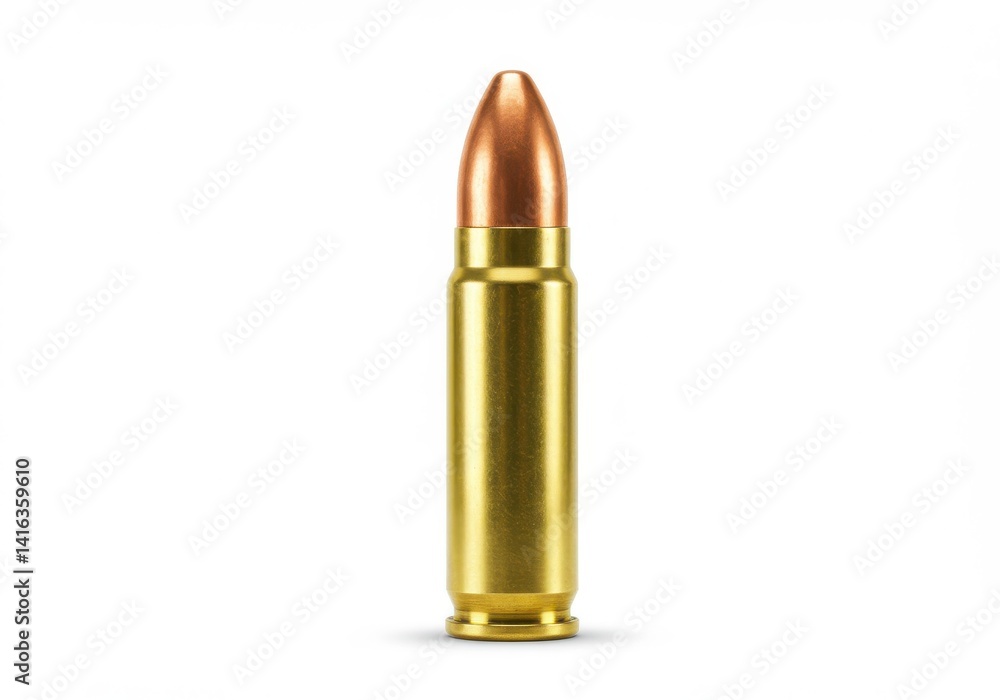 A single rifle bullet with a golden casing and copper tip isolated on a white background in a studio shot A single rifle bullet with a golden casing and copper tip isolated on a white background in a studio shot