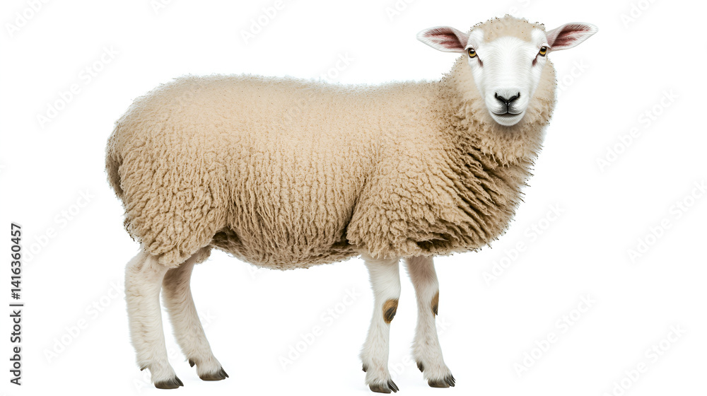 A horned sheep, a woolly mammal, stands on a clean white background A horned sheep, a woolly mammal, stands on a clean white background