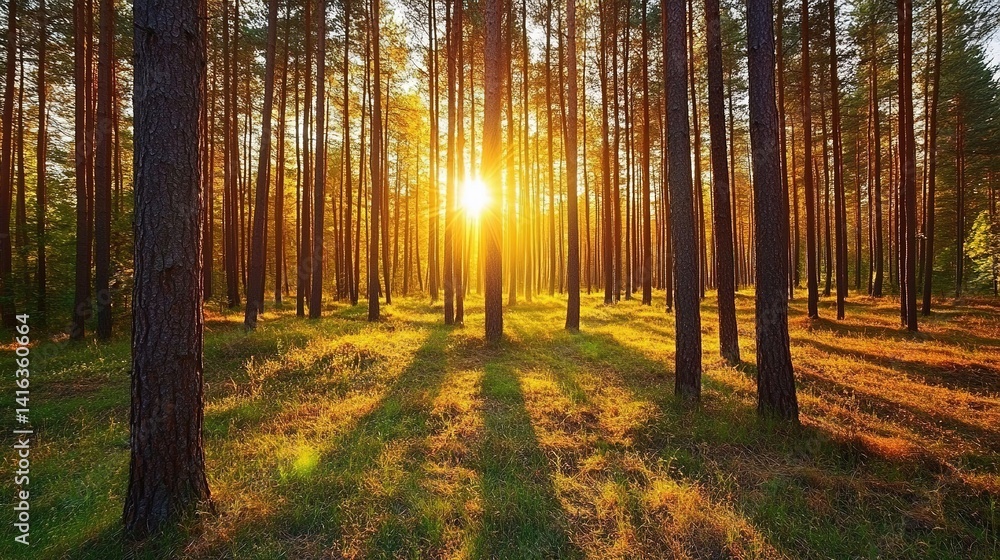 Fototapeta premium Behold the Majestic Tableau of a Pine Forest, Where Towering Evergreens Grace the Colorful Landscape, Exuding Ethereal Tranquility as the Very Essence of Pine Needles Permeates the Air