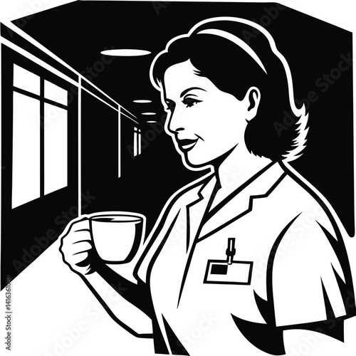 Nurse in Hospital Corridor Enjoying Coffee Break