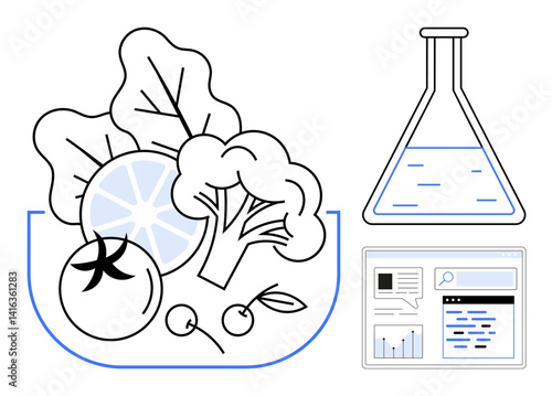 Bowl of vegetables, citrus, and cherry paired with a chemistry flask and data dashboard. Ideal for sustainability, nutrition, scientific innovation, research, agriculture, educational tools simple