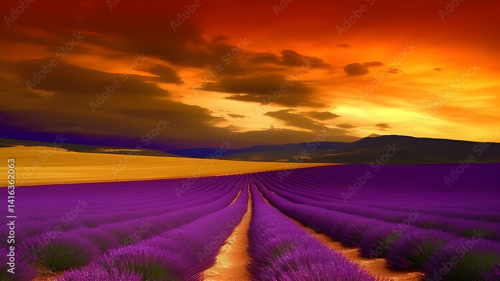 Fototapeta premium Golden Sci-Fi Sunset Over Purple Terrain