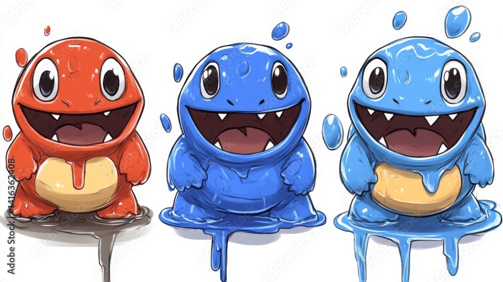 Fototapeta premium Cheerful colorful cartoon monsters illustration, bright and happy designs evoking youthful excitement and fantasy, playful imaginary creatures for various applications