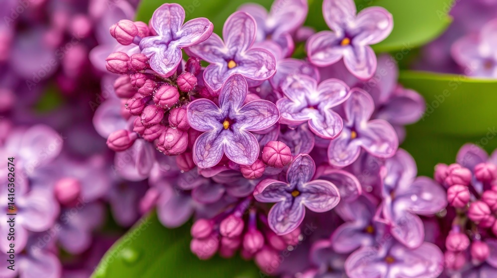 Delicate Purple Lilac Blossoms with Dewdrops Clustered on Vibrant Green Leaves Delicate Purple Lilac Blossoms with Dewdrops Clustered on Vibrant Green Leaves