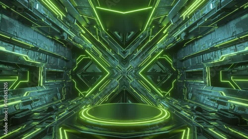 Abstract Green Neon Cyberpunk Background with Geometric Shapes and Glowing Lines