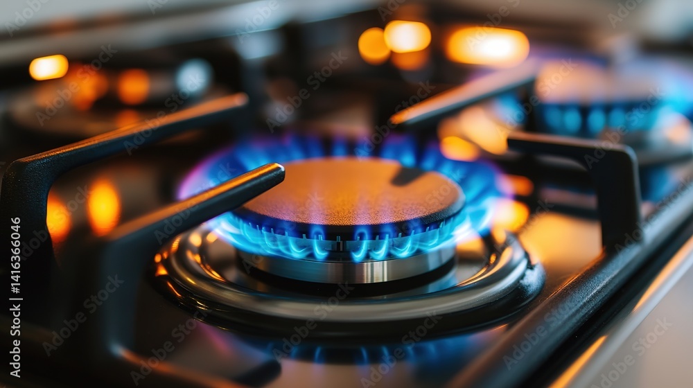 Close-up View of Lit Gas Burner on Stainless Steel Stovetop, Dancing Blue and Orange Flames, Home Cooking Appliance, Modern Kitchen Design Detail with Safety Focus Close-up View of Lit Gas Burner on Stainless Steel Stovetop, Dancing Blue and Orange Flames, Home Cooking Appliance, Modern Kitchen Design Detail with Safety Focus