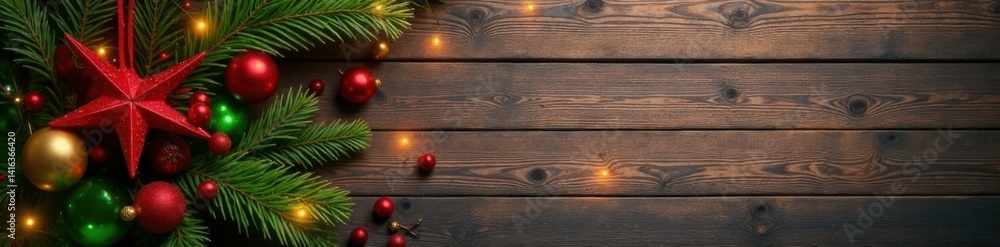 Fototapeta premium Wooden tabletop adorned with a festive Christmas decoration, holiday decor, Christmas decorations