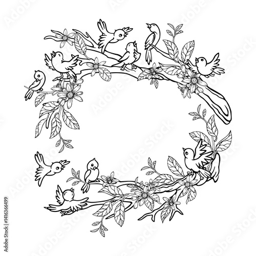Spring frame of little cartoon birds sparrows or tits on flowering tree branch with empty place for text. Round border. Hand-drawn outline season composition for a postcard and coloring book cover