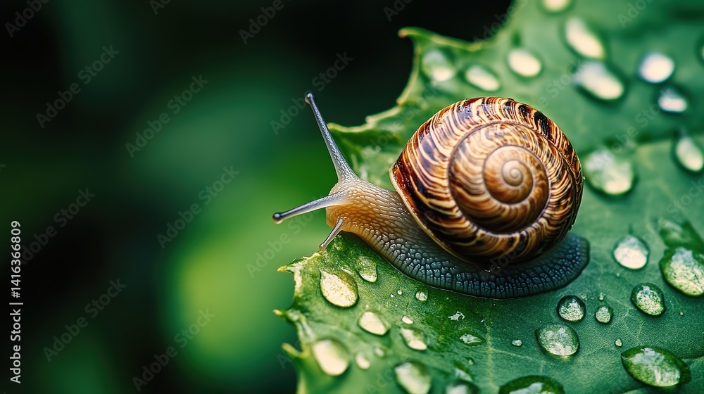 Closeup Macro Photo of Snail on Green Leaf, Intricate Shell Patterns with Water Droplets, Serene Outdoor Setting, Peaceful Natural Beauty Highlighted by Midday Sun, Snail Moves Slowly Closeup Macro Photo of Snail on Green Leaf, Intricate Shell Patterns with Water Droplets, Serene Outdoor Setting, Peaceful Natural Beauty Highlighted by Midday Sun, Snail Moves Slowly