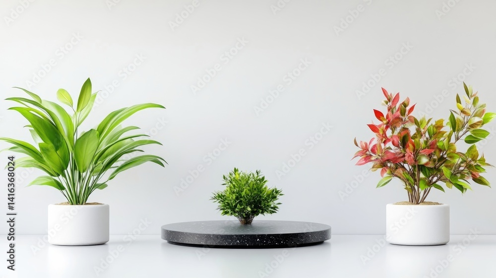 Fototapeta premium Minimalist plant display. Modern, simple arrangement of potted plants on a white surface
