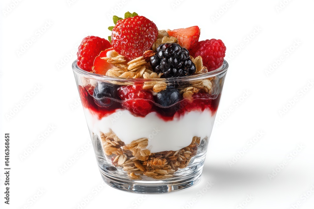 Delicious parfait with fresh berries and granola in glass cup isolated on white background studio shot Delicious parfait with fresh berries and granola in glass cup isolated on white background studio shot