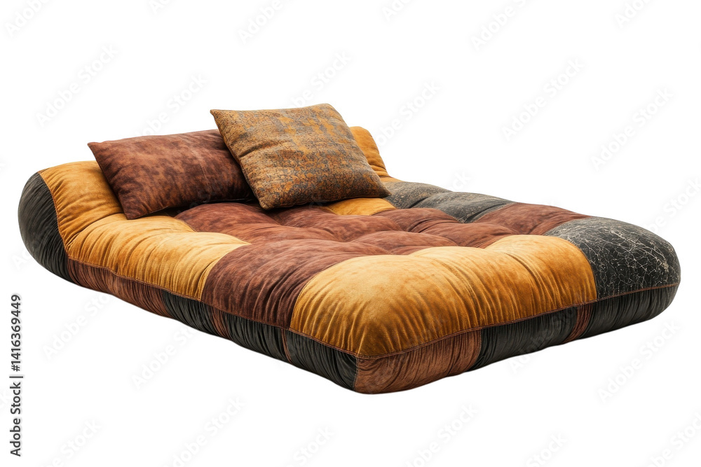 Obraz premium Luxurious Patchwork Daybed with Two Pillows Rich Autumnal Tones Isolated on Black on transparent background