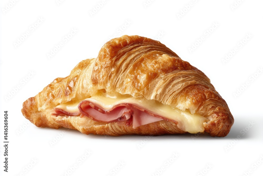 Golden brown croissant with ham and melted cheese on a white background studio shot with copy space Golden brown croissant with ham and melted cheese on a white background studio shot with copy space