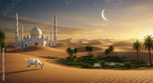 White goat in front of mosque and palm desert