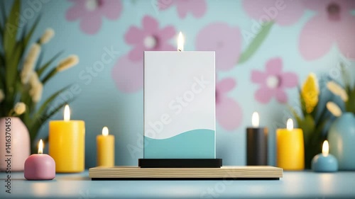 Pastel Candle Aqua Wave Decor on Wood Stand with Pink and Yellow Candles
