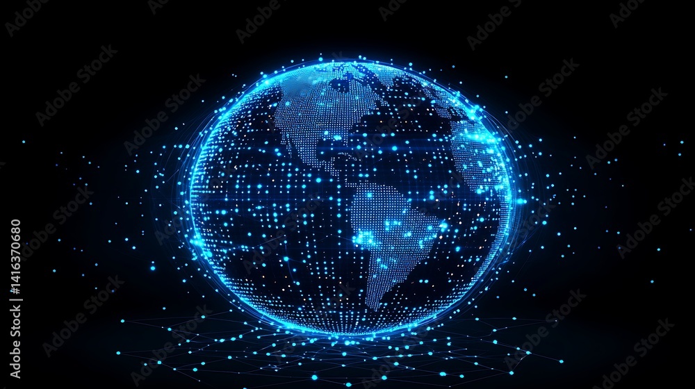 Obraz premium Glowing Blue Digital Sphere on Black Background