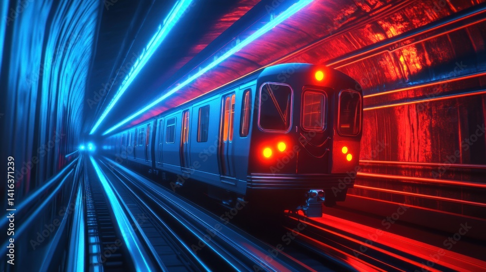 Naklejka premium Subway Train Neon Tunnel City Travel