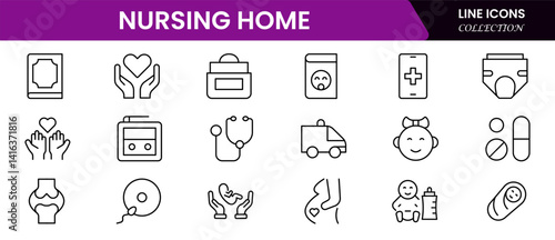 Nursing home icon set with elderly care, disabled, nurse, emergency, medical, hospital, responsibility and caring. Vector illustration web line icon collection