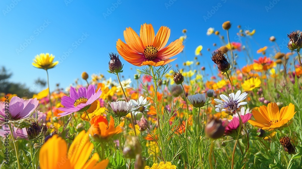 Obraz premium Wide-Angle Wildflower Field Photography with Cosmos & Daisies in Breeze - Vibrant Floral Landscape under Blue Sky for Travel Promo/Wallpaper Design