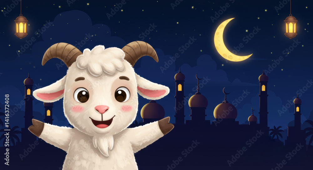 Animated Eid goat near mosque with crescent glow Animated Eid goat near mosque with crescent glow