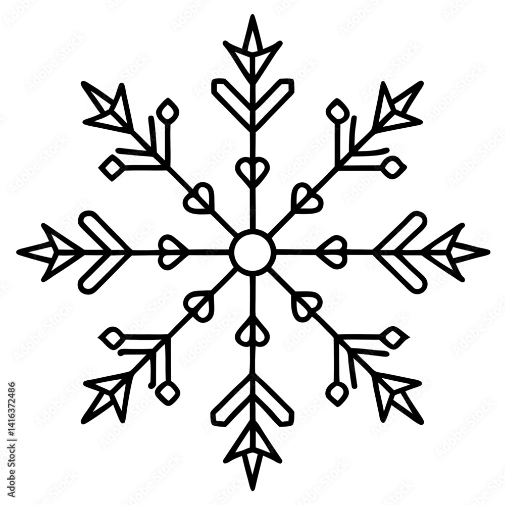 Vector silhouette of a snowflake with six branches extending outward, minimalist design