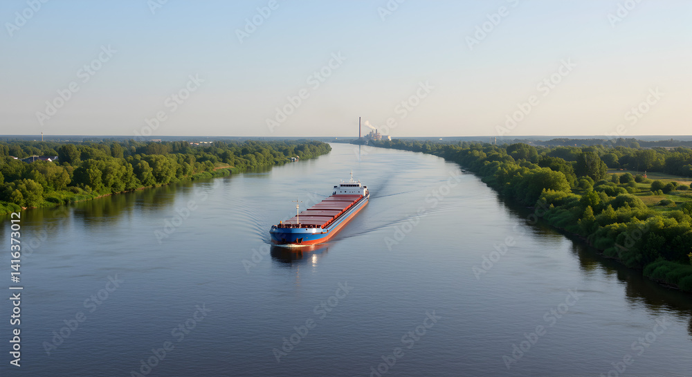 Obraz premium Barge Navigating Smooth River Surrounded by Lush Greenery Under Clear Sky in Sunlight