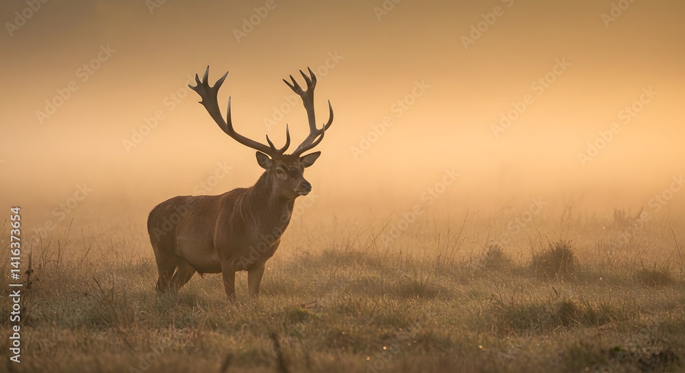 Majestic Red Deer in Golden Sunrise Mist: A Serene Wildlife Scene Majestic Red Deer in Golden Sunrise Mist: A Serene Wildlife Scene