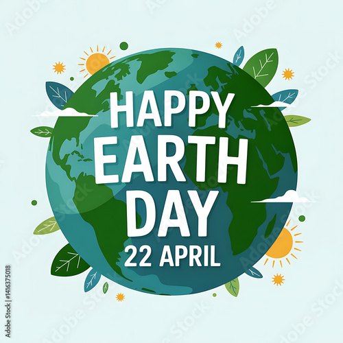 Happy Earth Day with Globe, Leaves, and Sun on a Light Blue Background for Environmental Awareness