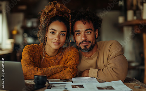 Title: Couple working together on a laptop in a cozy, warm living room
