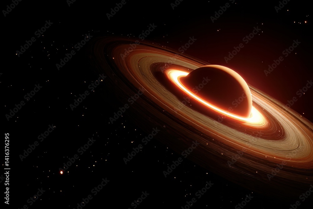 Fototapeta premium Glowing Ringed Planet in a Dark, Minimalist Space