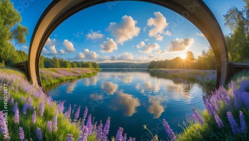 Fototapeta Naklejka Na Ścianę i Meble -  Lake view with flowers landscape and bright sky