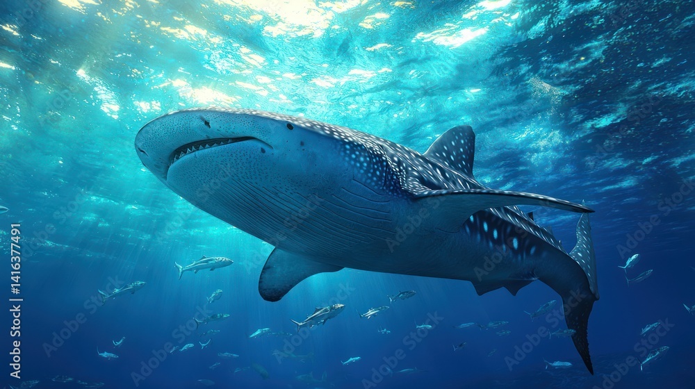 Fototapeta premium A school of ocean creatures, including sharks and whales, swim gracefully through the clear blue waters.
