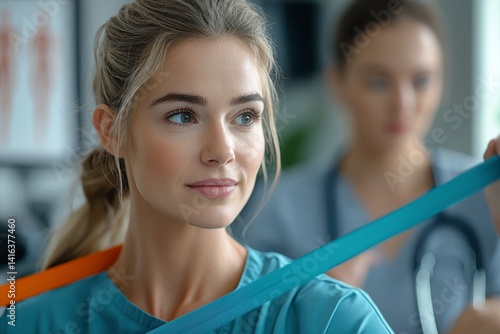 In a brightly lit clinic, a dedicated physical therapist guides her patient through a resistance band exercise, her focused expression conveying expertise and care The scene is set against the
