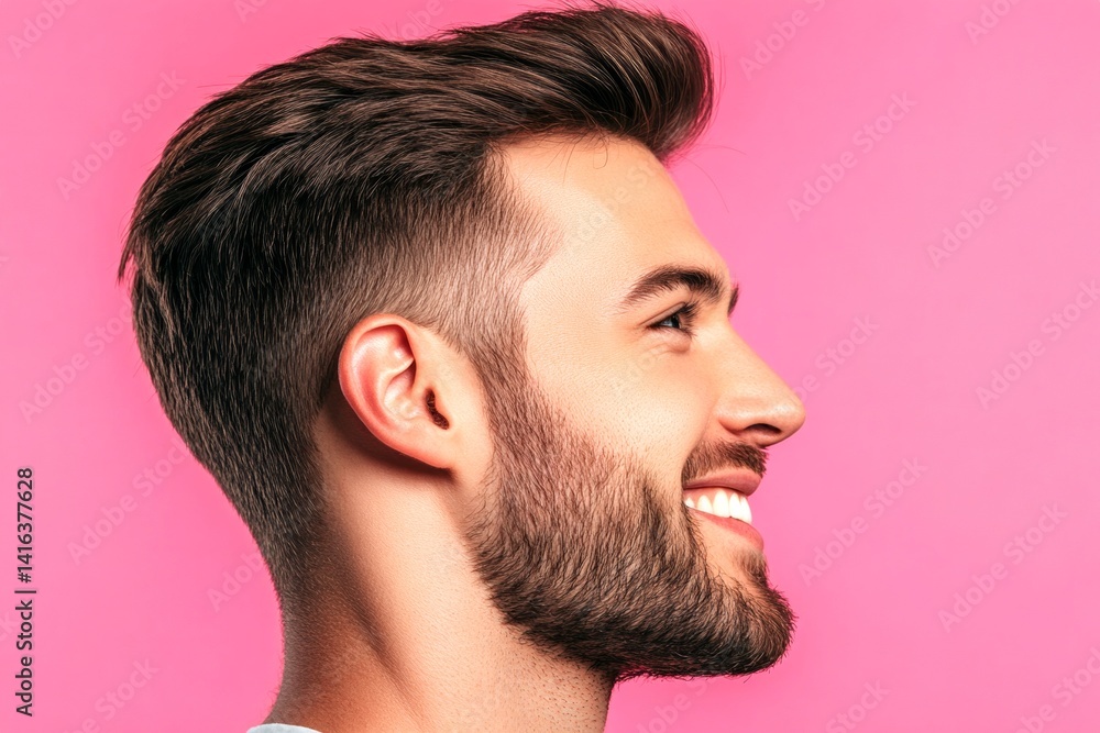 Obraz premium Pink solid background. A middle-aged man looking happy and relaxed. Concept creative design idea art of style for aging men. Fashionable men's low fade haircut - midlife white man with hair.