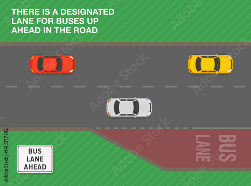 Safe driving tips and traffic regulation rules. Bus lane ahead sign. Top view of a stream of cars on three lane road. Designated lane for buses. Flat vector illustration template.